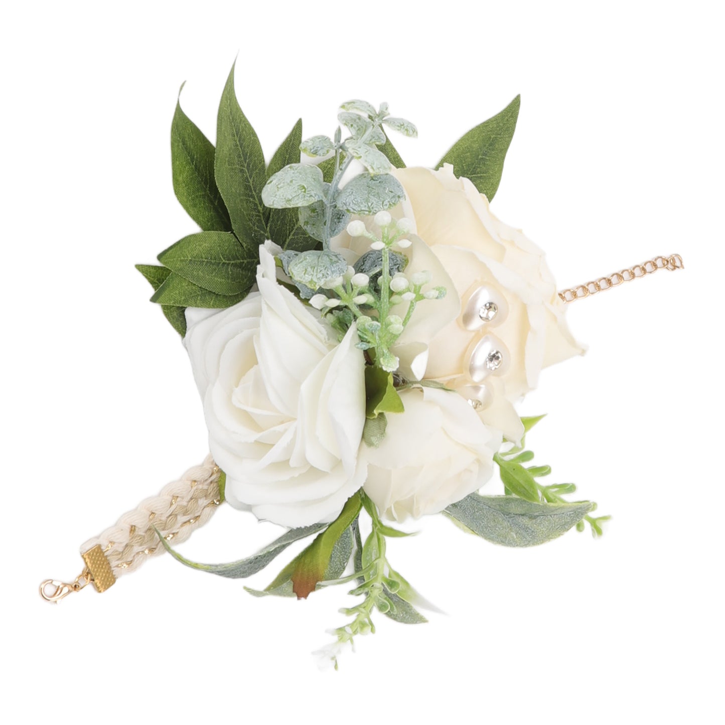 Wrist Corsages for Wedding Bride Wrist Flower Decorative White Roses and Green Leaves for Prom Party