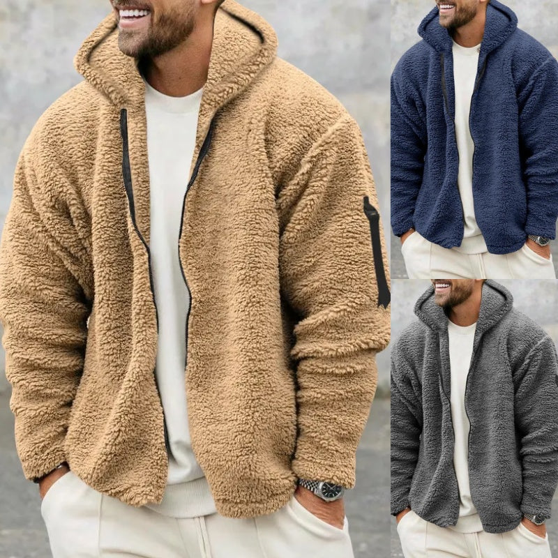 Plush Hooded Jacket Men's Autumn And Winter Fleece Double-sided Wear Warm Coat With Zipper Loose Casual Jacket Outdoor Clothing - GOMARRD