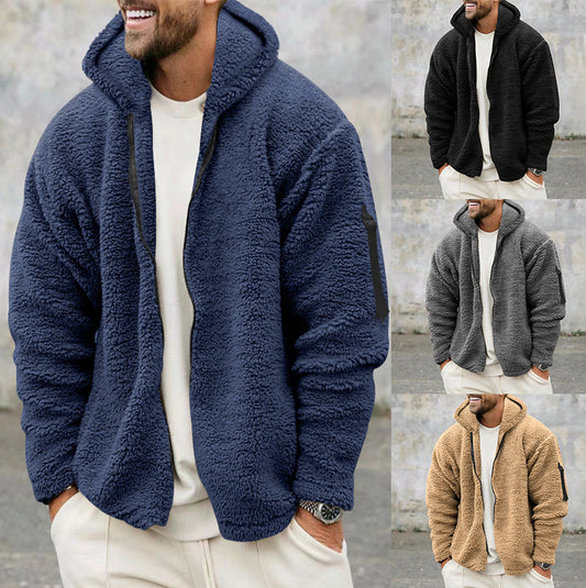 Plush Hooded Jacket Men's Autumn And Winter Fleece Double-sided Wear Warm Coat With Zipper Loose Casual Jacket Outdoor Clothing - GOMARRD