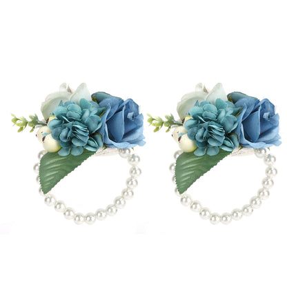 2Pcs/Bag Bridesmaid Wrist Flower Artificial Hand Flower for Wedding Anniversary Cocktail PartyCyan Blue