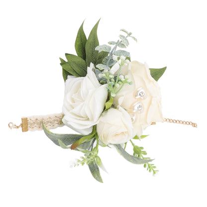 Wrist Corsages for Wedding Bride Wrist Flower Decorative White Roses and Green Leaves for Prom Party