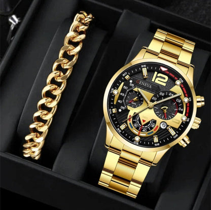 2pcs Men's New Popular Steel Strip Fashion Business Three Eye Quartz Watch Bracelet Set Valentine's Day Gifts - GOMARRD