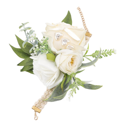 Wrist Corsages for Wedding Bride Wrist Flower Decorative White Roses and Green Leaves for Prom Party