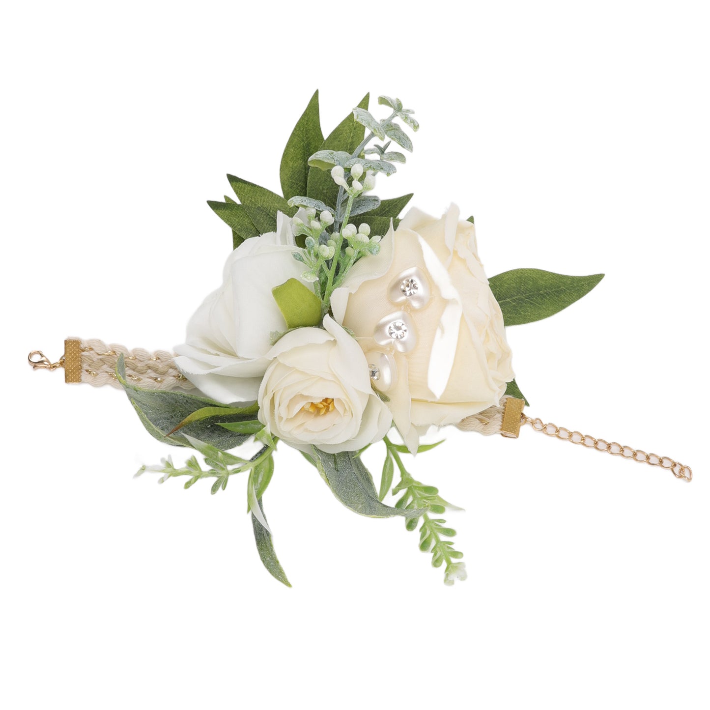 Wrist Corsages for Wedding Bride Wrist Flower Decorative White Roses and Green Leaves for Prom Party