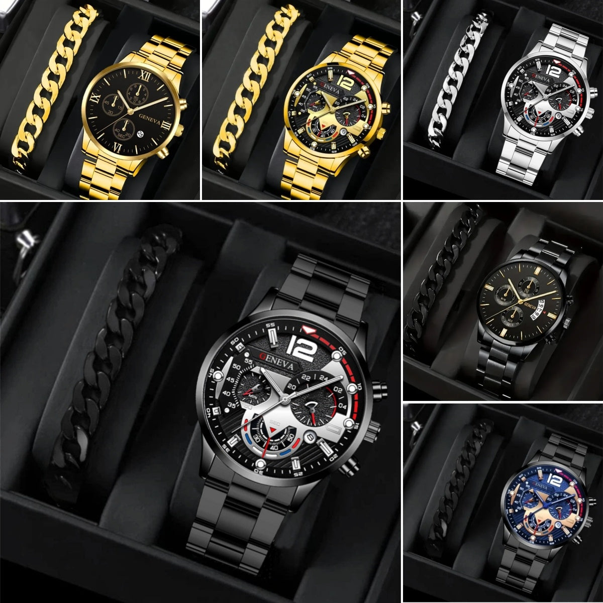 2pcs Men's New Popular Steel Strip Fashion Business Three Eye Quartz Watch Bracelet Set Valentine's Day Gifts - GOMARRD