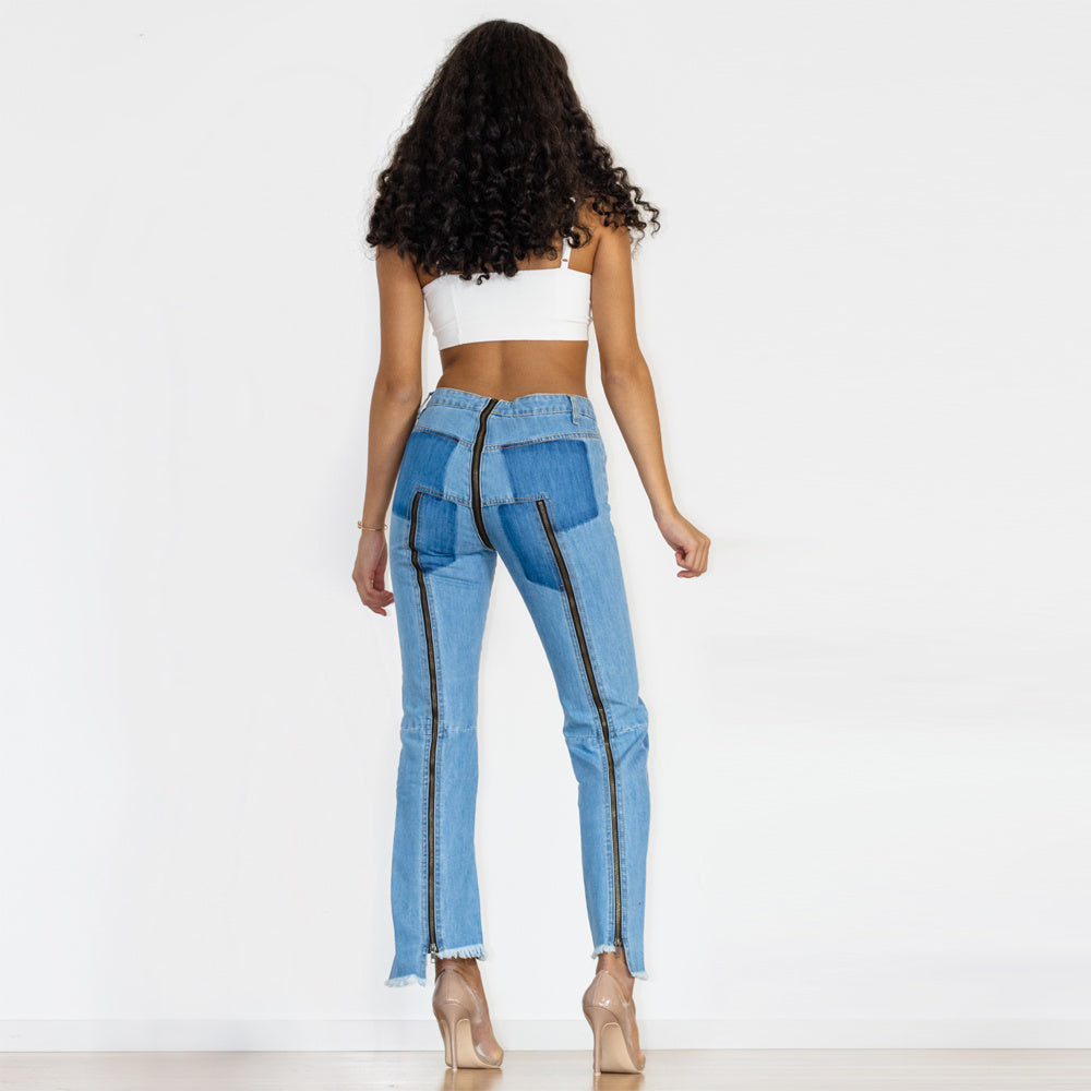 Shascullfites Women Split Straight Jeans Women Club Dancing Pants Light Blue Denim Pants Slim Fit Zipper Jeans - GOMARRD