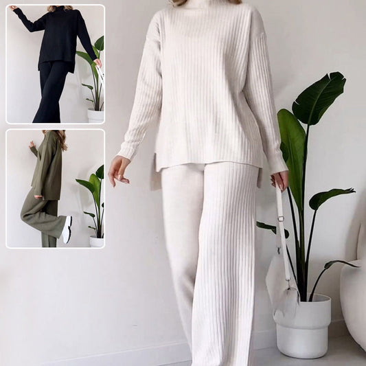 Turtleneck Knitted Suit Loose Split Design Long-sleeved Top And Straight Trousers Fashion Casual Solid Set Women's Clothing - GOMARRD