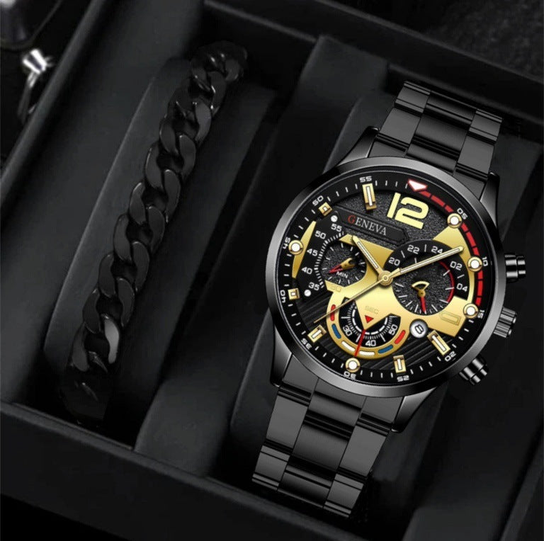 2pcs Men's New Popular Steel Strip Fashion Business Three Eye Quartz Watch Bracelet Set Valentine's Day Gifts - GOMARRD