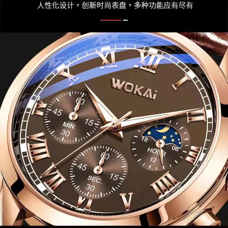 WOKAI high quality Men's Luxury belt Fashion quartz watch Men's Rome Business Student Sport waterproof glow-in-the-dark clock