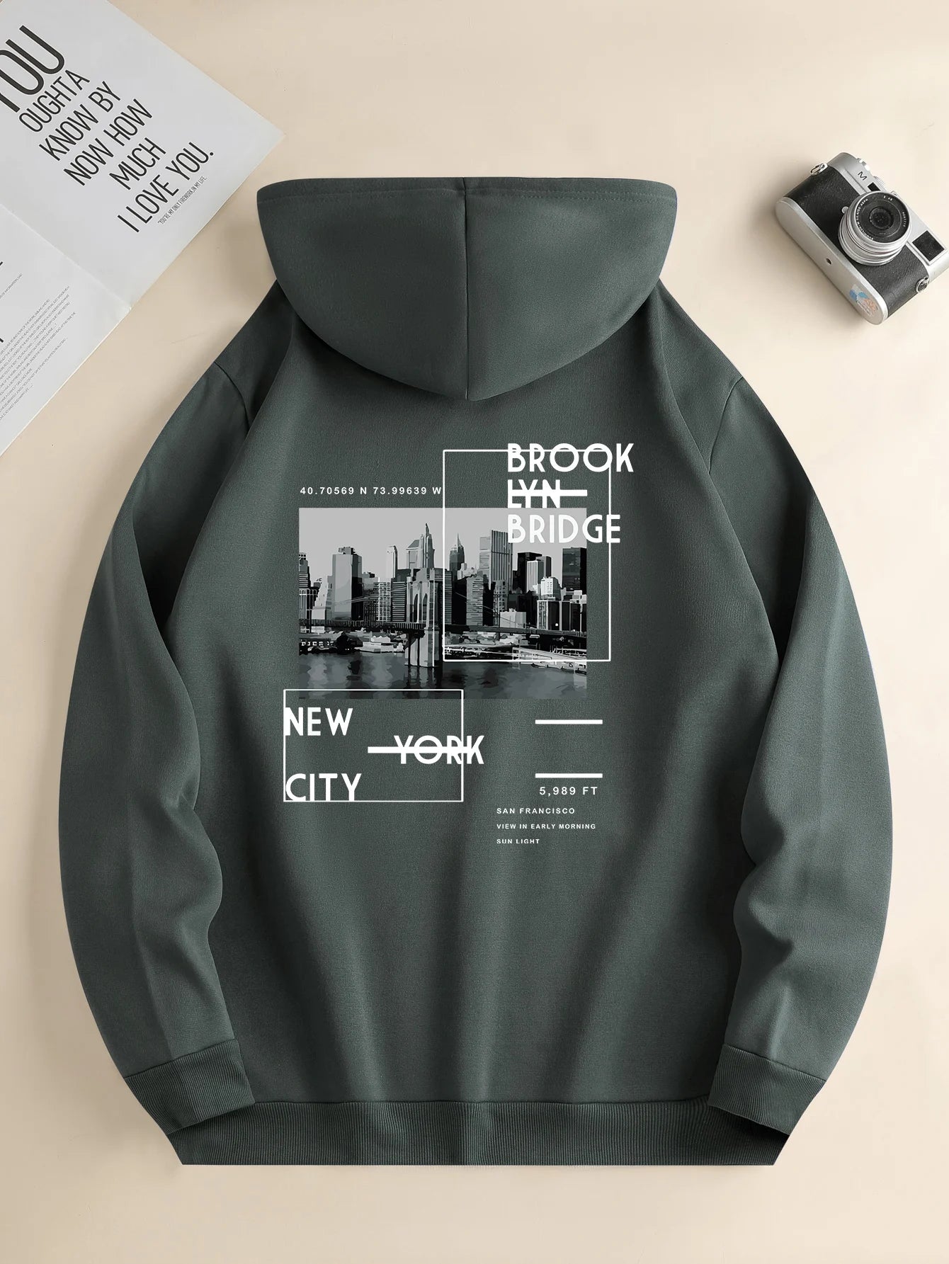 Men's new fashion hoodie, casual everyday drawstring hooded sweatshirt, city print, front kangaroo pocket, men's jacket