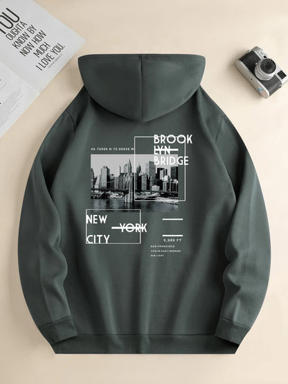 Men's new fashion hoodie, casual everyday drawstring hooded sweatshirt, city print, front kangaroo pocket, men's jacket