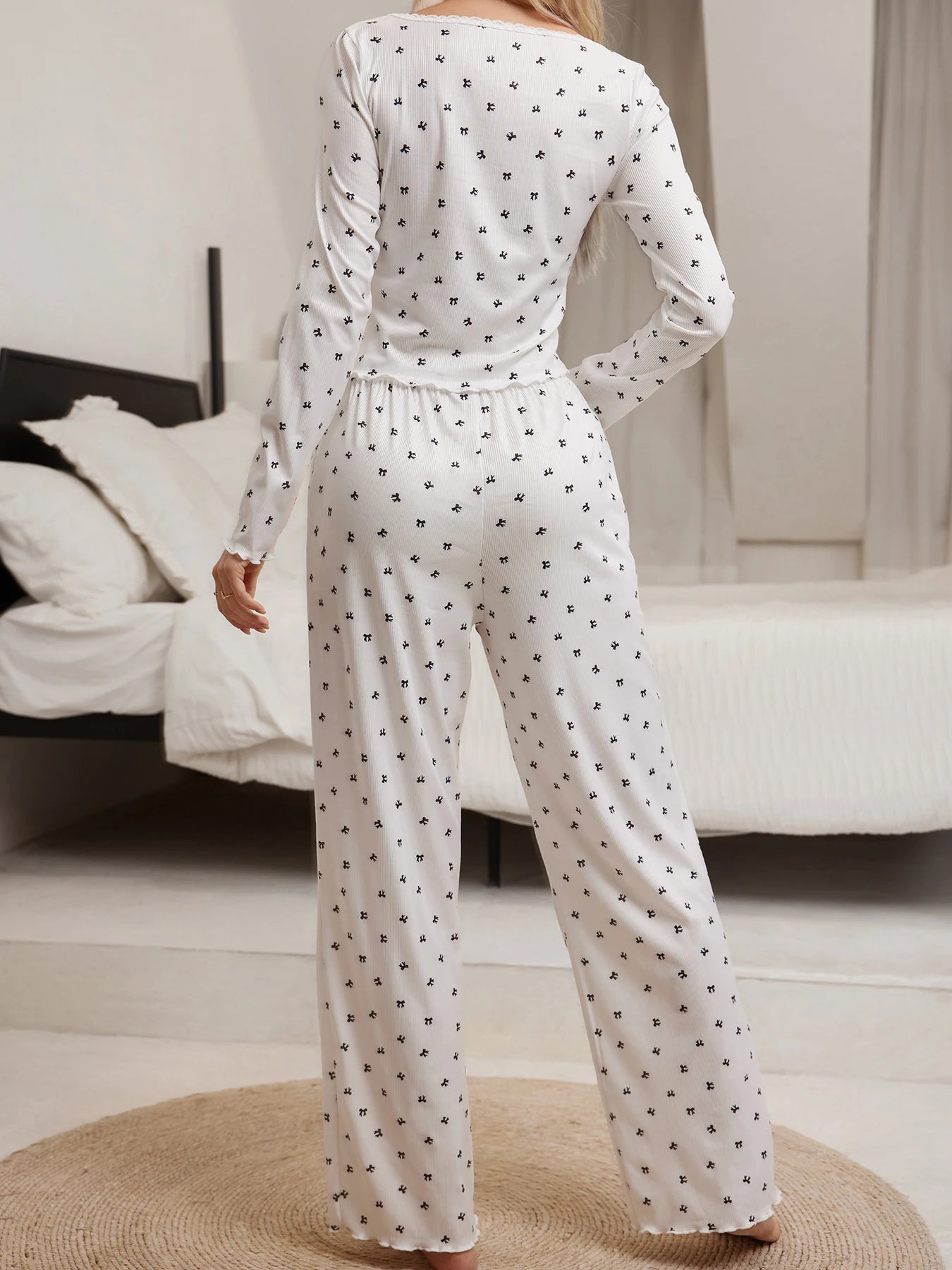 Women's Sleepwear Ditsy Floral Print Lettuce Trim PaJamas Set  Elastic Waistband  Loungewear Full Sleeve Nightwear - GOMARRD