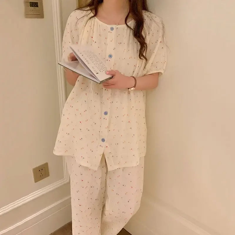 Spring Summer Floral Women Short Sleeves Pajamas Trousers Plaid 2 Piece Sets Leisure Home Clothes Various Colors Available - GOMARRD