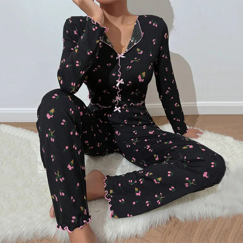 Women Floral Print Pajama Sets Long Sleeve Shirts+Pants Female Casual Home Clothes Spring Autumn Sleepwear Bow Nightwear Suits