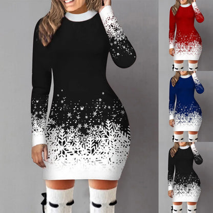 Women's Christmas Dress Hip Wrap Slim Fit Autumn Winter 2024 Dresses Round Neck Snowflake Printed Long-sleeved Party Clothes - GOMARRD