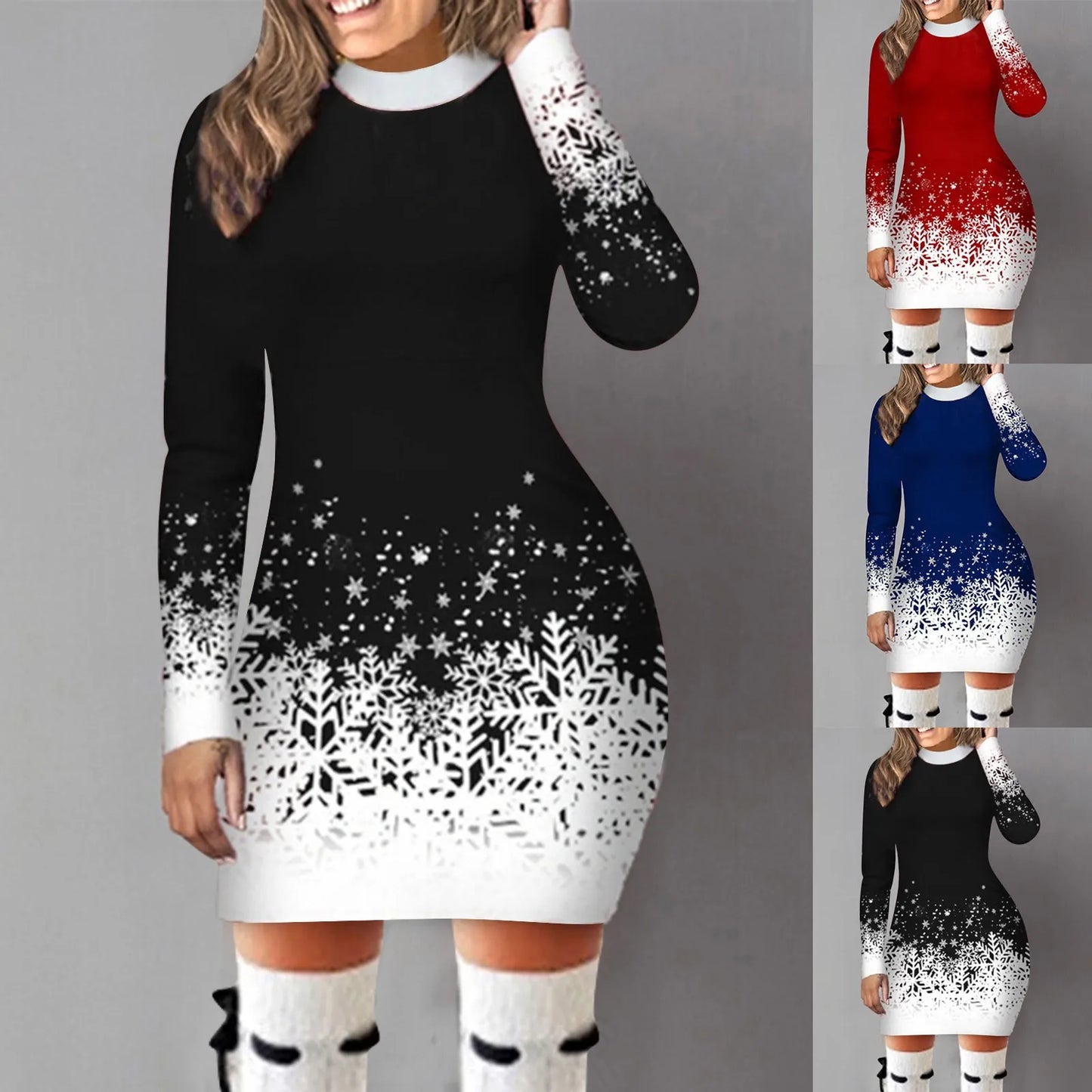 Women's Christmas Dress Hip Wrap Slim Fit Autumn Winter 2024 Dresses Round Neck Snowflake Printed Long-sleeved Party Clothes