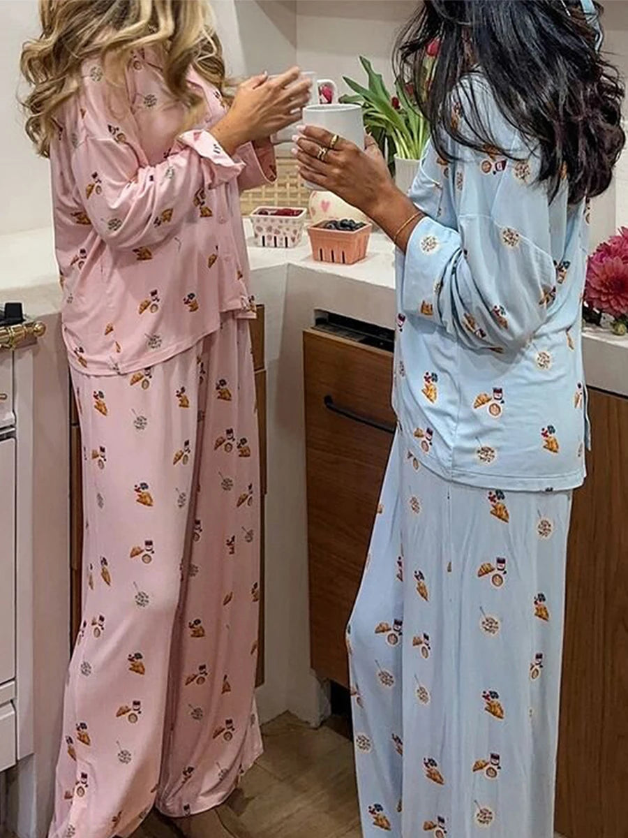 Maemukilabe Women Y2K Floral Pajama Set Long Sleeve Shirt and Pants Set Vintage 2 Piece Lounge Set Cute Bow Pjs Sleepwear - GOMARRD