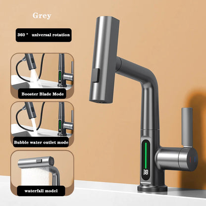 Waterfall Basin Faucet Pull-Out Kitchen & Bathroom Faucet Rainfall Temperature Digital Display No Battery SUS604 Stainless Steel - GOMARRD