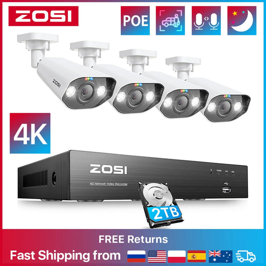 ZOSI 8MP CCTV System 8CH H.265+ 4K Ultra HD PoE NVR Kit Spotlight Siren Outdoor Video Surveillance IP Security Camera Set