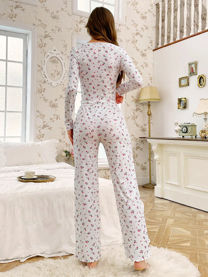 Women's Sleepwear Suit Vintage Floral Print  Lettuce Trim Top with Pant Lovely Loungewear Full Sleeve Nightwear Pajamas Set