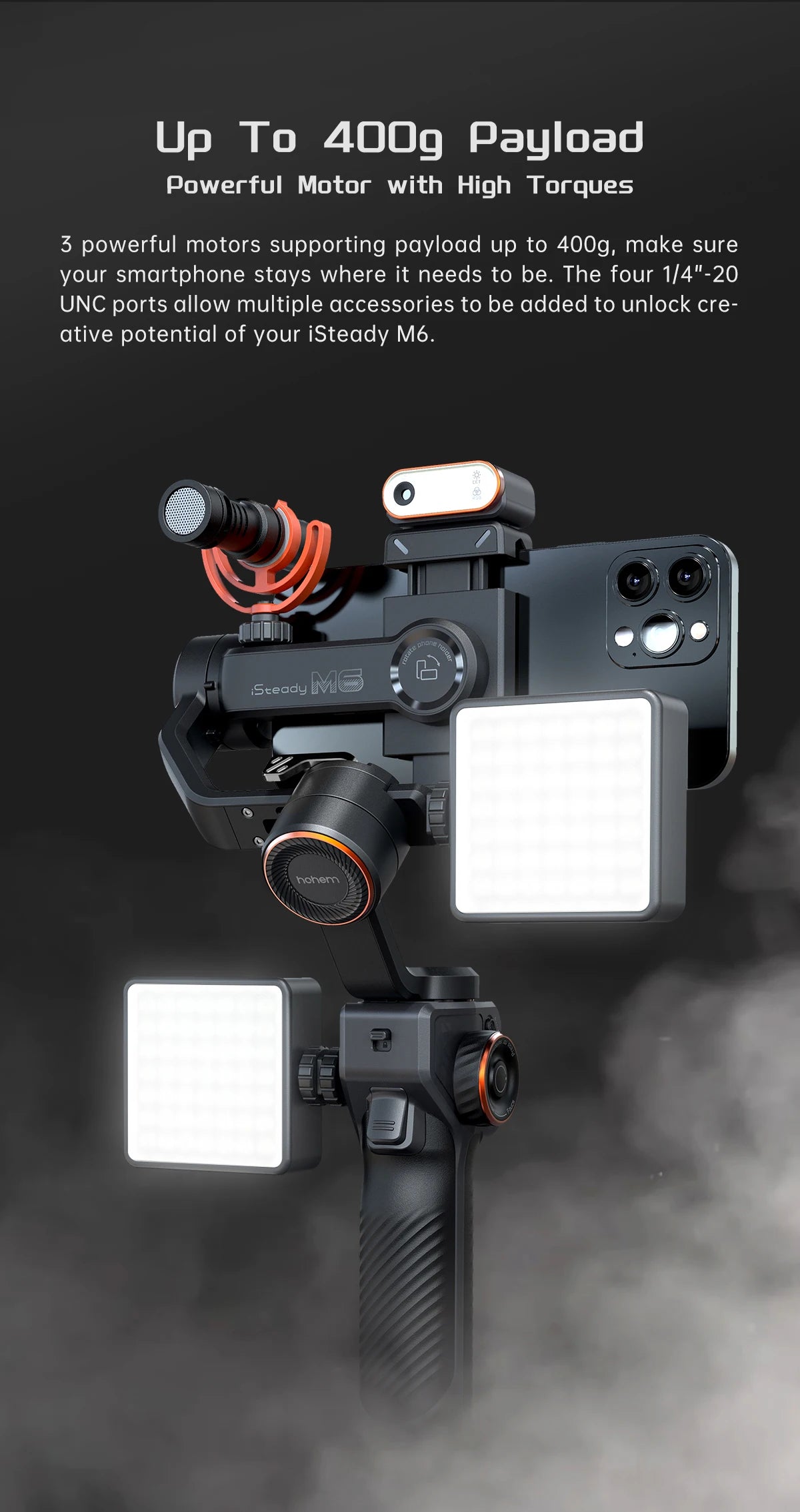 Hohem-iSteady M6 Kit Gimbal for Smartphone, 3-Axis Gimbal, AI Tracker, Fill Light, for iPhone 16 Pro Max and Android Stabilizer