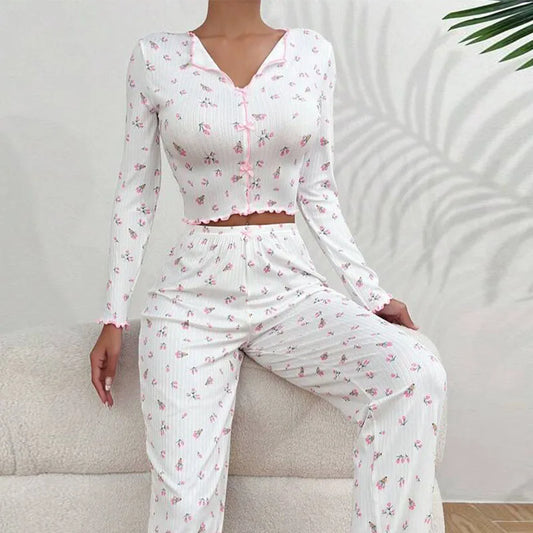 Women Floral Print Pajama Sets Long Sleeve Shirts+Pants Female Casual Home Clothes Spring Autumn Sleepwear Bow Nightwear Suits - GOMARRD