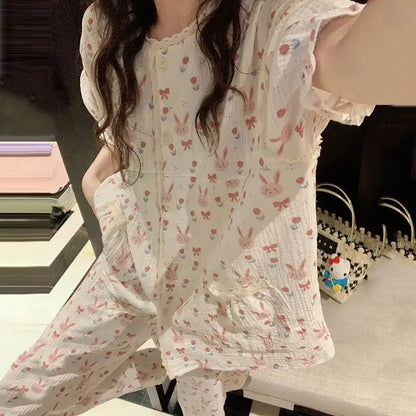 Spring Summer Floral Women Short Sleeves Pajamas Trousers Plaid 2 Piece Sets Leisure Home Clothes Various Colors Available - GOMARRD