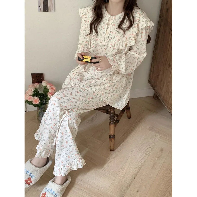 Floral Print Women Pajama Suit Fashion Ruffles Sleepwear Autumn Long Sleeve Sets for Women 2 Pieces Korean Piiama Pants 2023 New - GOMARRD