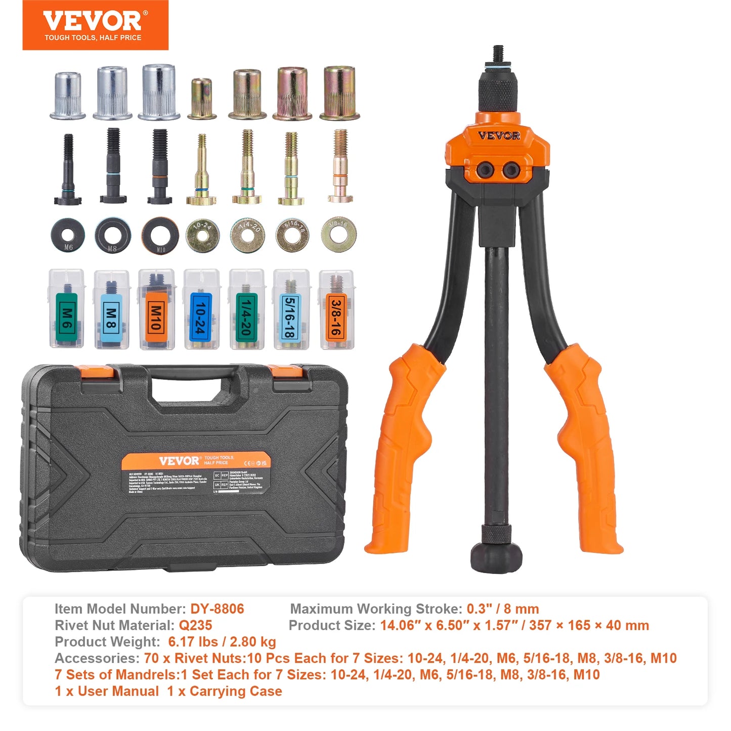 VEVOR 14" 16" Rivet Nut Tool Rivnut Tool Kit with Metric and SAE Mandrels 70PCS/186PCS Rivet Nuts With Rugged Carrying Case