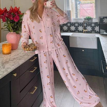 Maemukilabe Women Y2K Floral Pajama Set Long Sleeve Shirt and Pants Set Vintage 2 Piece Lounge Set Cute Bow Pjs Sleepwear - GOMARRD