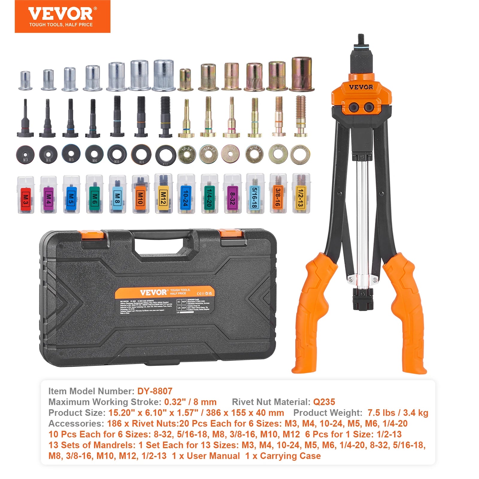 VEVOR 14" 16" Rivet Nut Tool Rivnut Tool Kit with Metric and SAE Mandrels 70PCS/186PCS Rivet Nuts With Rugged Carrying Case - GOMARRD