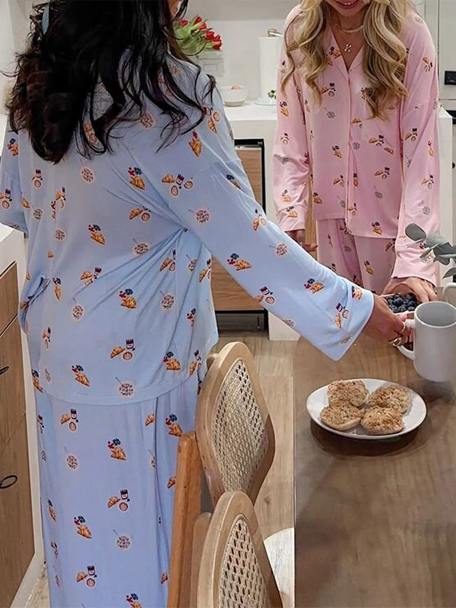 Maemukilabe Women Y2K Floral Pajama Set Long Sleeve Shirt and Pants Set Vintage 2 Piece Lounge Set Cute Bow Pjs Sleepwear - GOMARRD