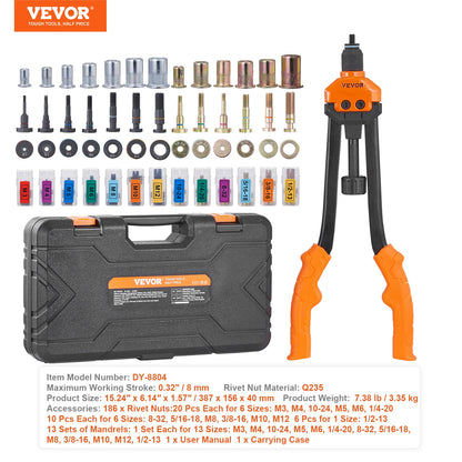 VEVOR 14" 16" Rivet Nut Tool Rivnut Tool Kit with Metric and SAE Mandrels 70PCS/186PCS Rivet Nuts With Rugged Carrying Case - GOMARRD