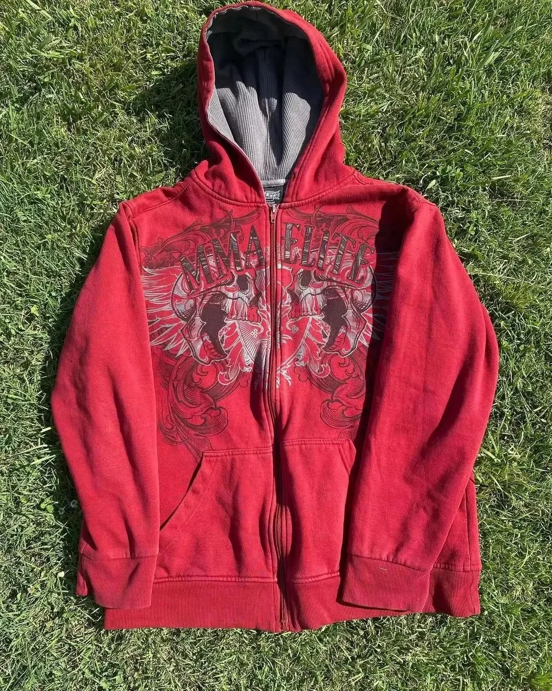 2000s New Cotton Red Couple Zipper Hoodies Vintage Elite Full Zip Hoodie Sweatshirt Size Skull Snake Red Y2K Sweatshirts - GOMARRD