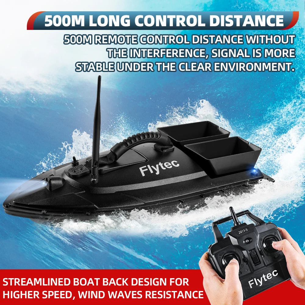 Flytec Fishing Bait Boat 500m Remote Control Bait Boat Dual Motor Fish Finder 1.5KG Loading with LED Light for Fishing