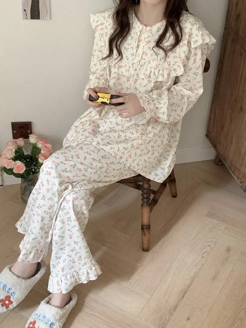 Floral Print Women Pajama Suit Fashion Ruffles Sleepwear Autumn Long Sleeve Sets for Women 2 Pieces Korean Piiama Pants 2023 New - GOMARRD