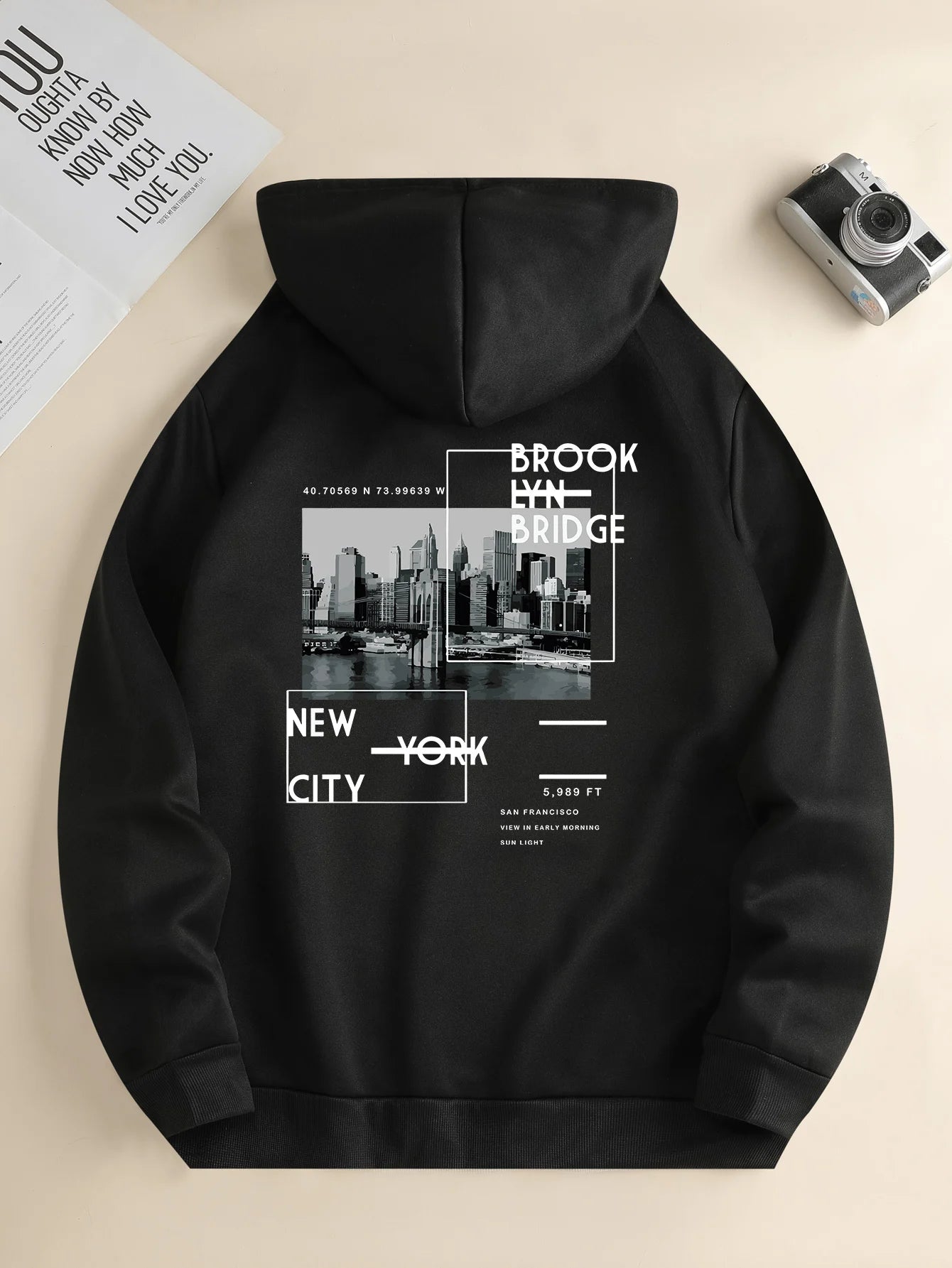 Men's new fashion hoodie, casual everyday drawstring hooded sweatshirt, city print, front kangaroo pocket, men's jacket