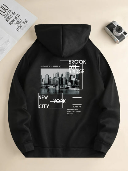 Men's new fashion hoodie, casual everyday drawstring hooded sweatshirt, city print, front kangaroo pocket, men's jacket