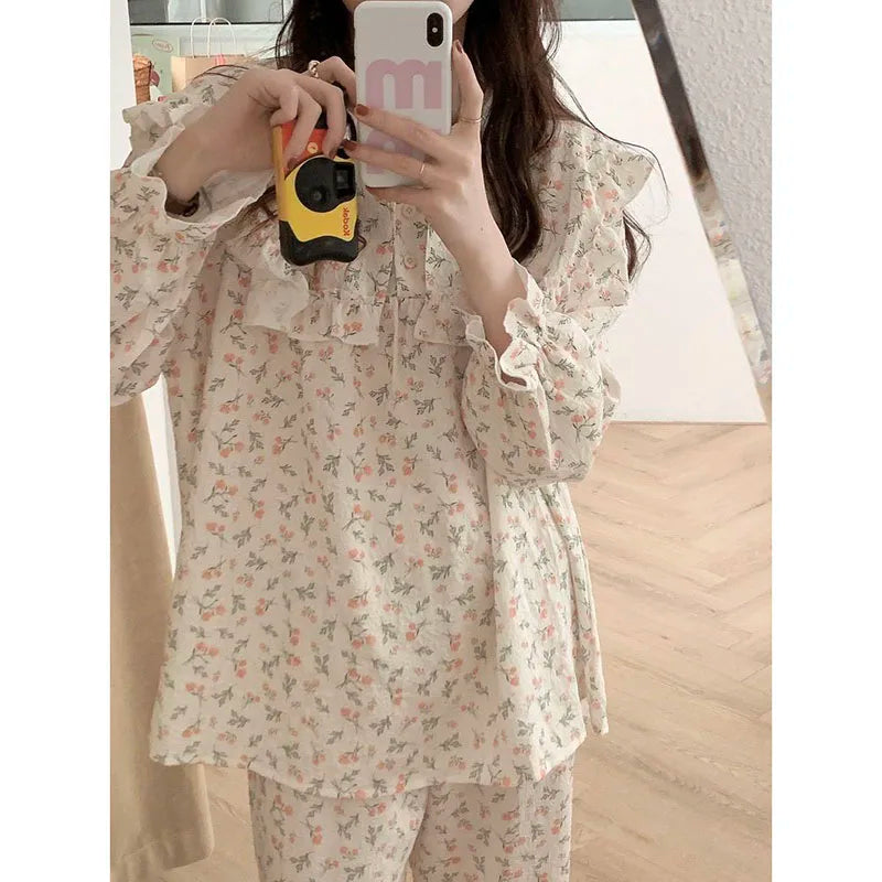 Floral Print Women Pajama Suit Fashion Ruffles Sleepwear Autumn Long Sleeve Sets for Women 2 Pieces Korean Piiama Pants 2023 New - GOMARRD