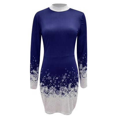 Women's Christmas Dress Hip Wrap Slim Fit Autumn Winter 2024 Dresses Round Neck Snowflake Printed Long-sleeved Party Clothes - GOMARRD