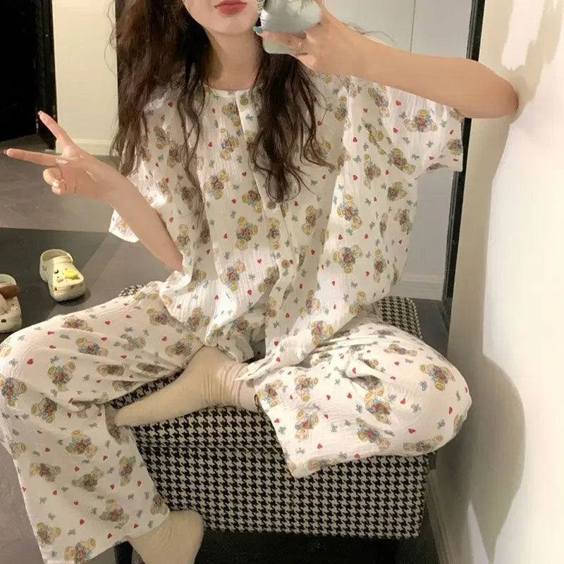 Spring Summer Floral Women Short Sleeves Pajamas Trousers Plaid 2 Piece Sets Leisure Home Clothes Various Colors Available - GOMARRD