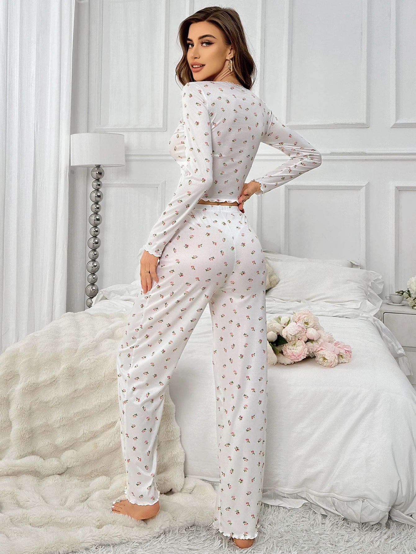 Women's Sleepwear Ditsy Floral Print Lettuce Trim PaJamas Set  Elastic Waistband  Loungewear Full Sleeve Nightwear - GOMARRD