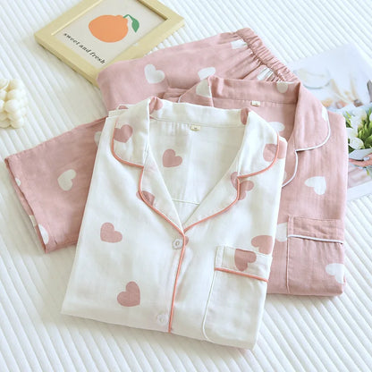 New Spring and Autumn Pajama Set Women's 100% Cotton Long Sleeve Pants Two Piece Love Lovely Sweet Home Furnishing Set - GOMARRD