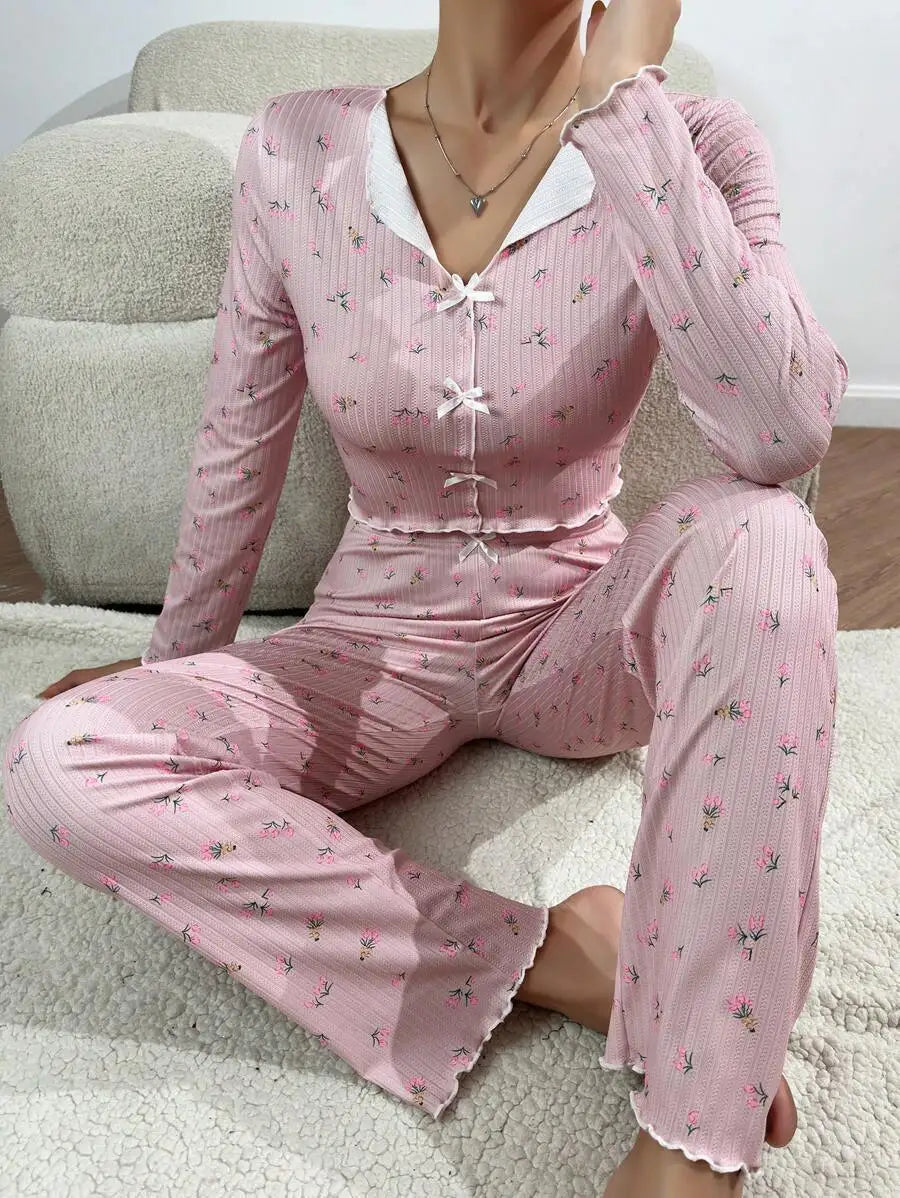 Women Floral Print Pajama Sets Long Sleeve Shirts+Pants Female Casual Home Clothes Spring Autumn Sleepwear Bow Nightwear Suits