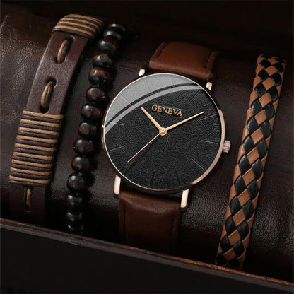 New Men Watch Luxury Bracelet Set Fashion Business Brown Leather Quartz Wrist Watches for Men Gift Set Relogio Masculino NO BOX