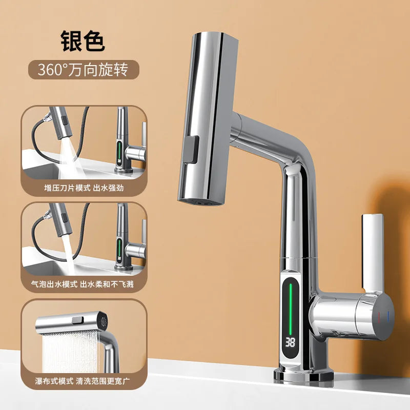 Waterfall Basin Faucet Pull-Out Kitchen & Bathroom Faucet Rainfall Temperature Digital Display No Battery SUS604 Stainless Steel - GOMARRD