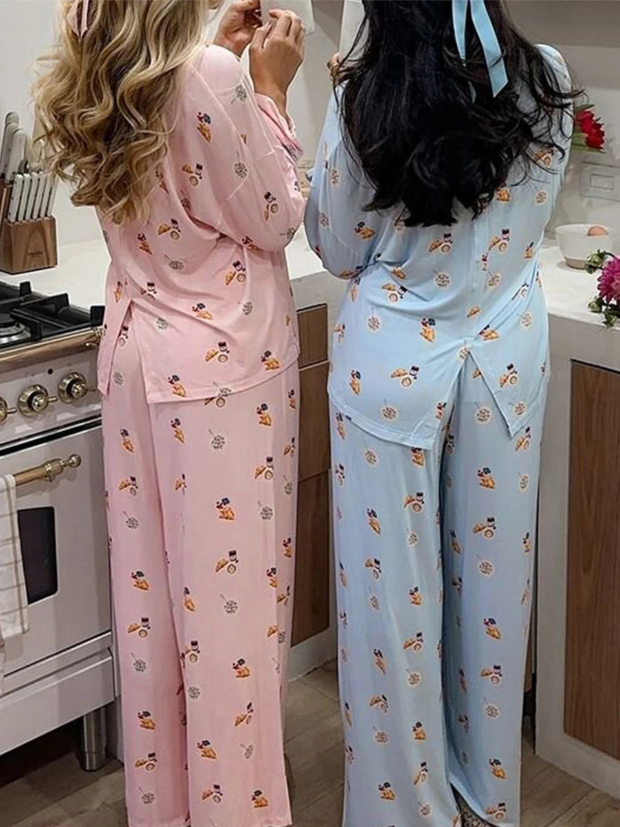 Maemukilabe Women Y2K Floral Pajama Set Long Sleeve Shirt and Pants Set Vintage 2 Piece Lounge Set Cute Bow Pjs Sleepwear - GOMARRD