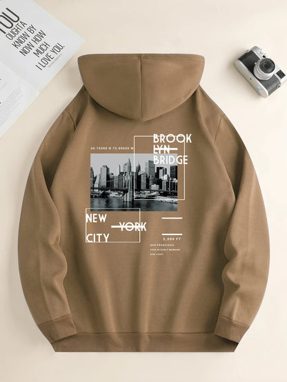 Men's new fashion hoodie, casual everyday drawstring hooded sweatshirt, city print, front kangaroo pocket, men's jacket