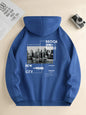 Men's new fashion hoodie, casual everyday drawstring hooded sweatshirt, city print, front kangaroo pocket, men's jacket