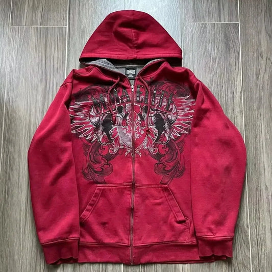 2000s New Cotton Red Couple Zipper Hoodies Vintage Elite Full Zip Hoodie Sweatshirt Size Skull Snake Red Y2K Sweatshirts - GOMARRD